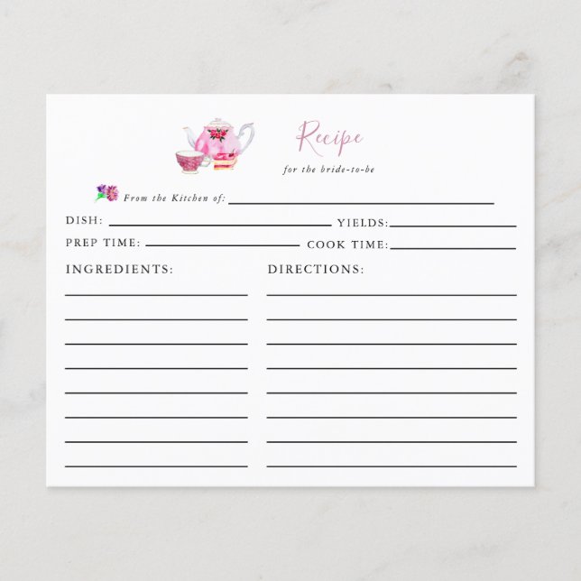 Brautparty Tee Party Rezept Karte Dusty Rose (Vorderseite)