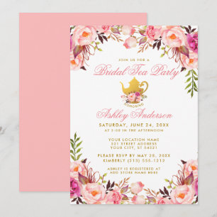 Brautparty Tee Party Rosa Blumengoldfarben Einladung