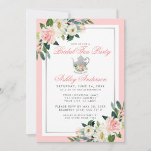 Brautparty-Teeparty Rosa Silber Blumen Einladung