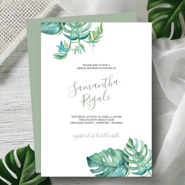 Brautparty Tropical Watercolor (Tropical bridal shower invitations watercolor monstera leaf art Victoria Grigaliunas DoTellABelle)