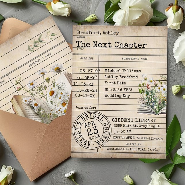 Brautparty "Vintage Bibliothekskarte - Blumenbüche Einladung (Rustic library reading floral books vintage typewriter font The Next Chapter Bridal Shower Invite )
