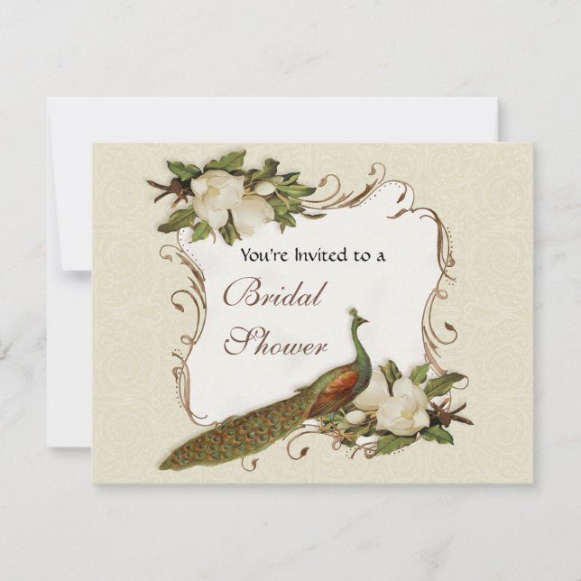 Brautparty - Vintager Pfau-u. Magnolien-Strudel Einladung (Vorderseite)