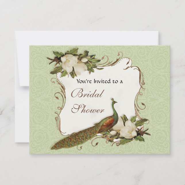 Brautparty - Vintager Pfau-u. Magnolien-Strudel Einladung (Vorderseite)