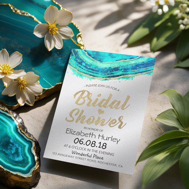 Brautparty Wasserfarbe Aquamarin & Gold Agate Geod Einladung (Von Creator hochgeladen)