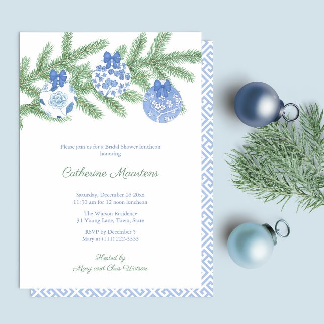 Brautparty Wasserfarbe Blauer Weißer Baum Einladung (Elegant Blue And White Chinoiserie Watercolor Holidays Bridal Shower Party Invitation)