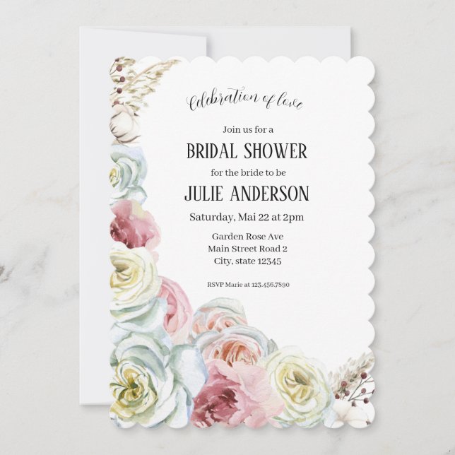 Brautparty Wasserfarbene Rose Einladung (Vorderseite)