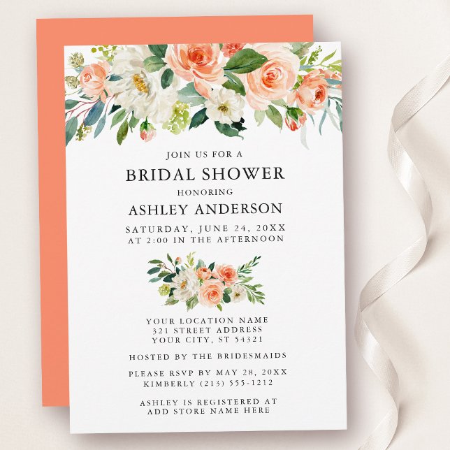 Brautparty Wasserfarbener Korallen Einladung (Customize to change text color, text style or color of back of card.)