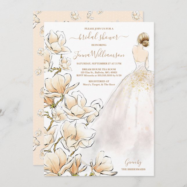 Brautparty Watercolor Blonde Bride Magnolia Einladung (Vorne/Hinten)