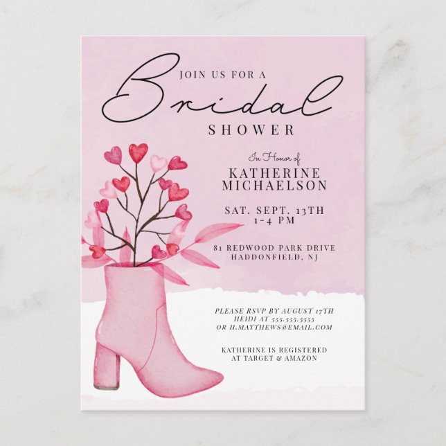 Brautparty | Watercolor Boot & Heart Bouquet Postkarte (Vorderseite)
