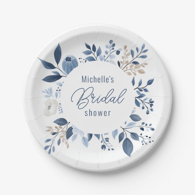 Brautparty Watercolor Dusty Blue Floral Boho Pappteller (Vorderseite)