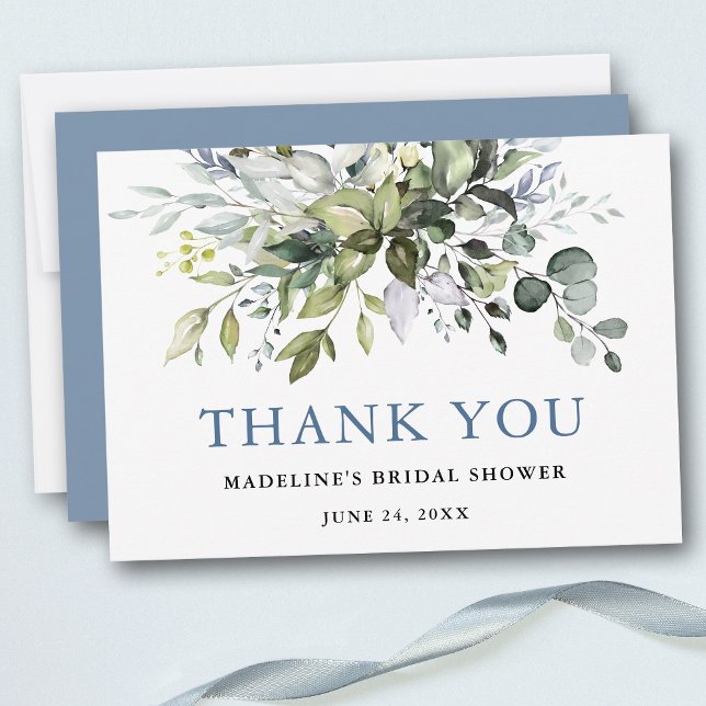 Brautparty Watercolor Greenery Dusty Blue Dankeskarte (Customize to change text color, style, add text & photos to back or change color of back of card.)