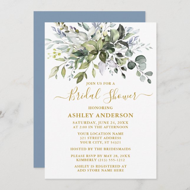 Brautparty Watercolor Greenery Dusty Blue Gold Einladung (Vorne/Hinten)