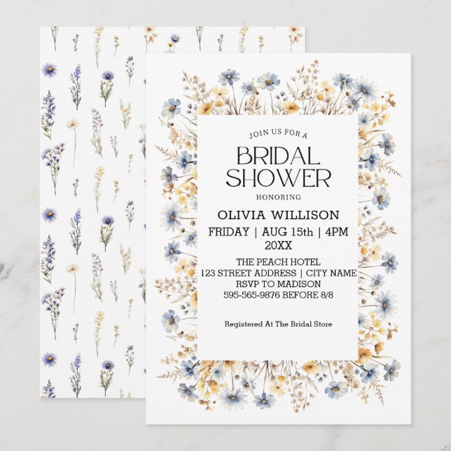 Brautparty "Watercolor Light Blue Wildblumen" Einladung (Vorne/Hinten)