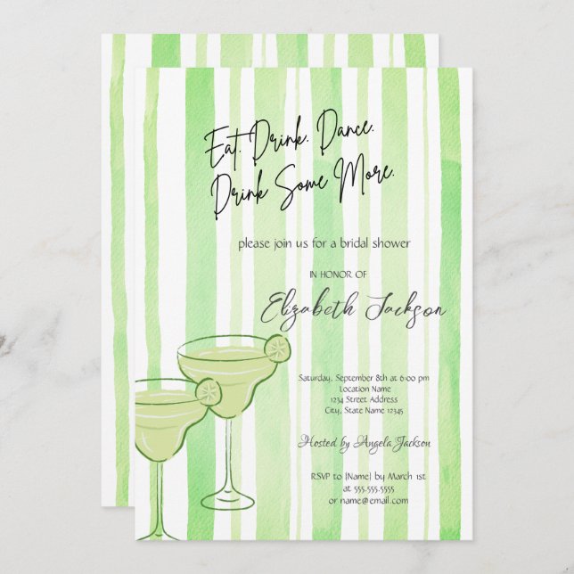 Brautparty "Watercolor Martini Green Stripes" Einladung (Vorne/Hinten)