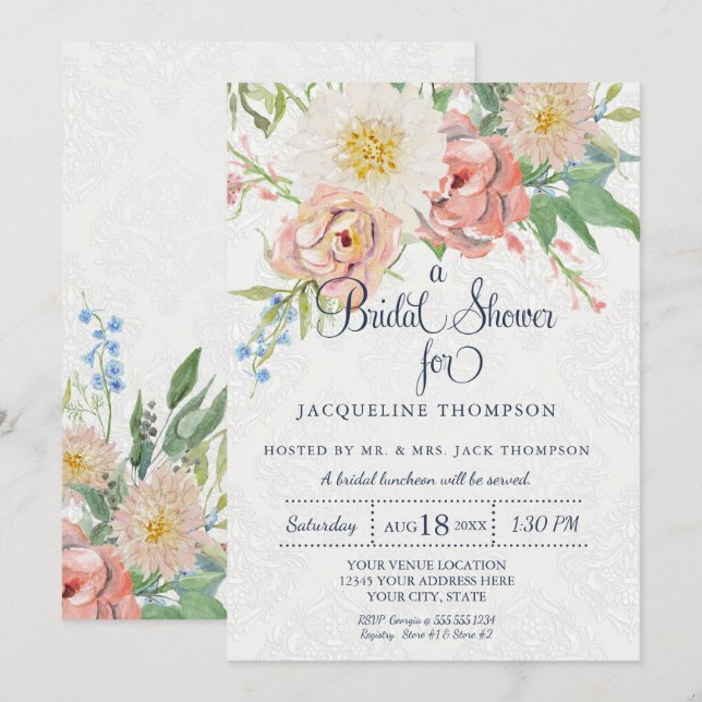 Brautparty Watercolor Navy Blue in White Floral Einladung (Vorne/Hinten)