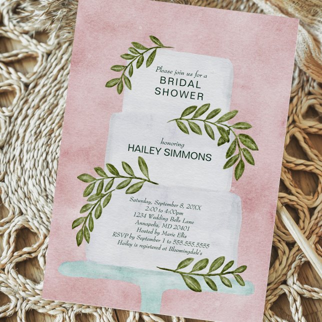Brautparty Watercolor Wedding Cake w/Greenery Einladung (Von Creator hochgeladen)