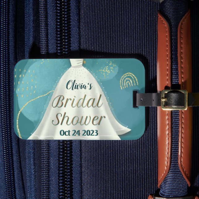 Brautparty Wedding Gown Deep Aquamarin Gold Glitze Gepäckanhänger (Vorderseite Insitu 4)