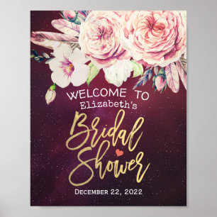 Brautparty Welcome Floral Feathers Burgundy Red Poster