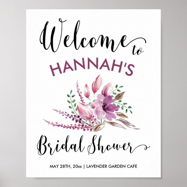 Brautparty Welcome Sign Lavendel & Lilac Floral Poster (Vorne)