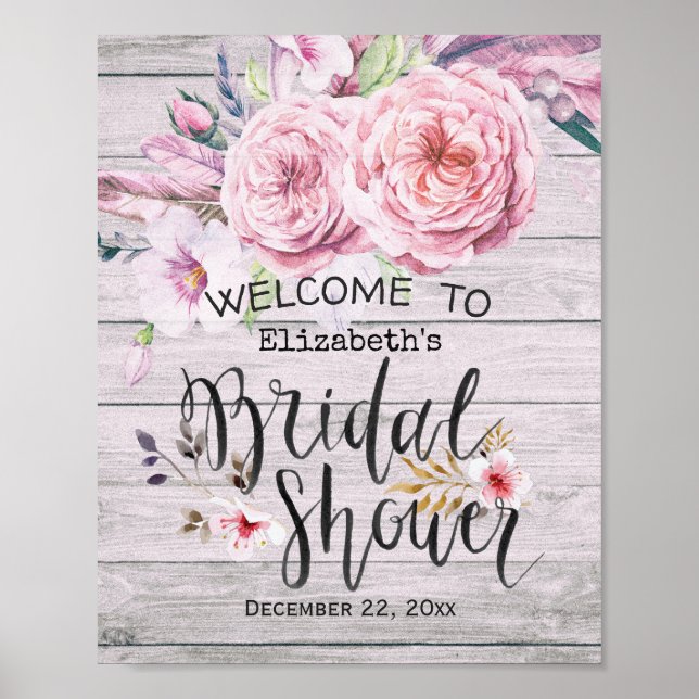 Brautparty Welcome Watercolor Boho Floral Wood Poster (Vorne)