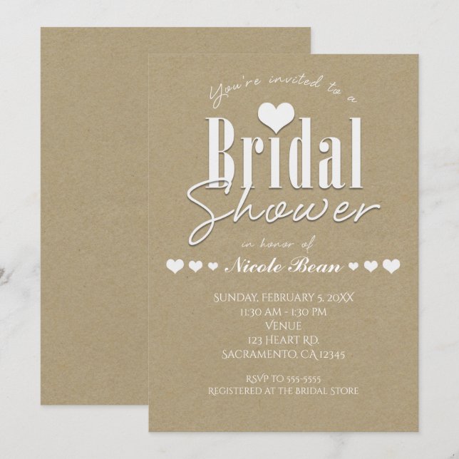 Brautparty White & Kraft Brown Paper Einladung (Vorne/Hinten)