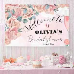 Brautparty-Willkommensschild mit Blüten & Prosecco Banner