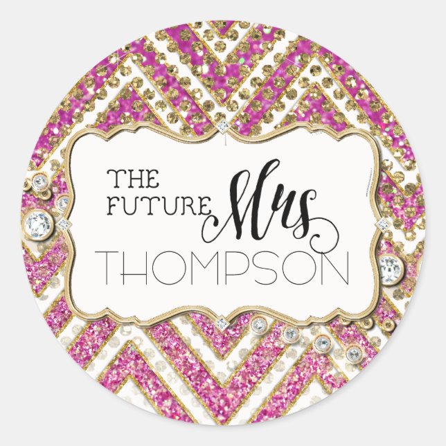 Brautparty Zickzack gestreifter Jewel Glitzer Pink Runder Aufkleber (Vorderseite)