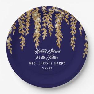 Brautparty-zukünftige Frau Navy Gold Willow Leaf Pappteller