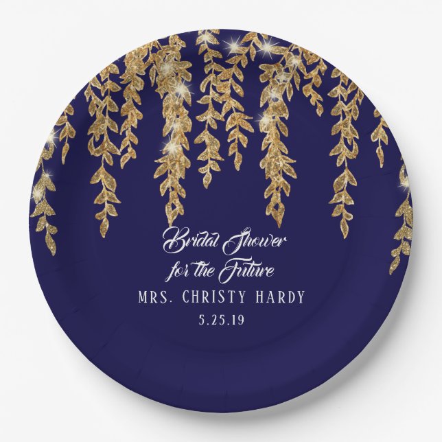 Brautparty-zukünftige Frau Navy Gold Willow Leaf Pappteller (Vorderseite)
