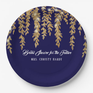 Brautparty-zukünftige Frau Navy Gold Willow Leaf Pappteller