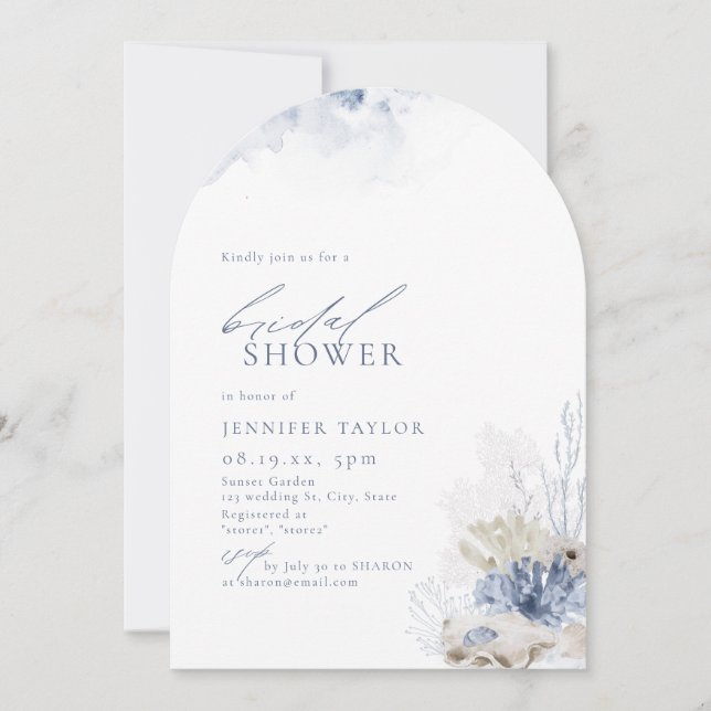 Brautparty zum Thema "Blaue Korallen und Muscheln" Einladung (Vorderseite)