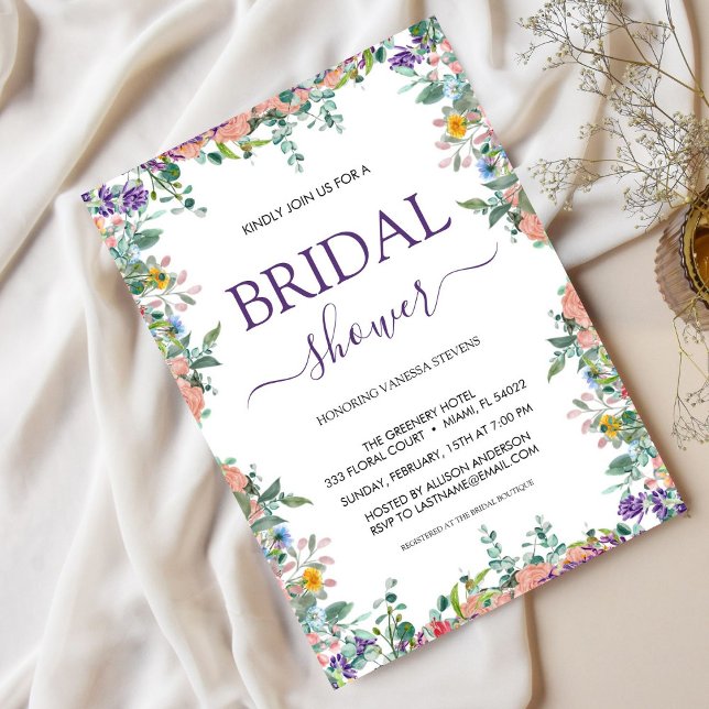 Brautparty zur Blume von Weiß und Violett Einladung (Von Creator hochgeladen)