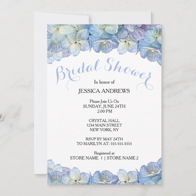 Brautpartyblauer HydrangeaWatercolor mit Blumen Einladung (Vorderseite)