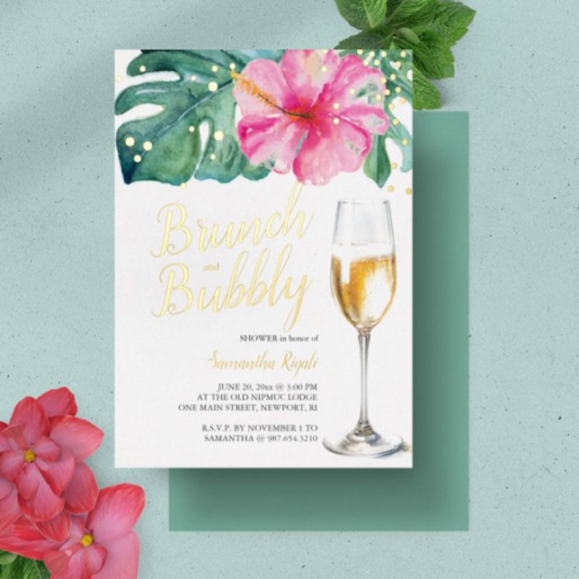 Brautpartyeinladungen | Rosa tropische Blume Folieneinladung (bridal shower invitations tropical green, pink and gold foil brunch and bubbly)