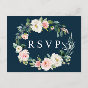 Brautpostkarte mit floralem Kranz in Navy-Blush fü Einladungspostkarte