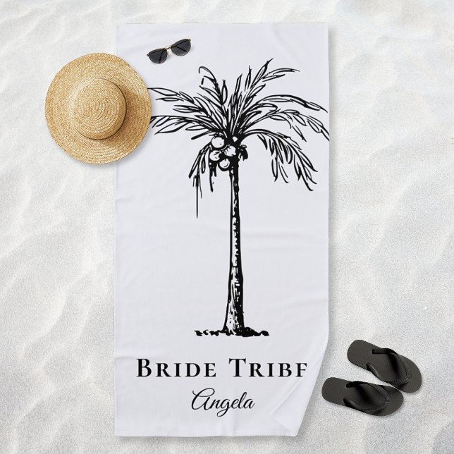 Brautstamm White Black Tropical Palm Tree Custom Strandtuch (Bride Tribe White Black Tropical Palm Tree Custom Beach Towel)