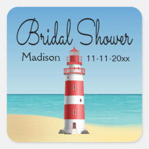 Brautstrauß-Leuchtturm-Strand-Hochzeit-Ozean Quadratischer Aufkleber