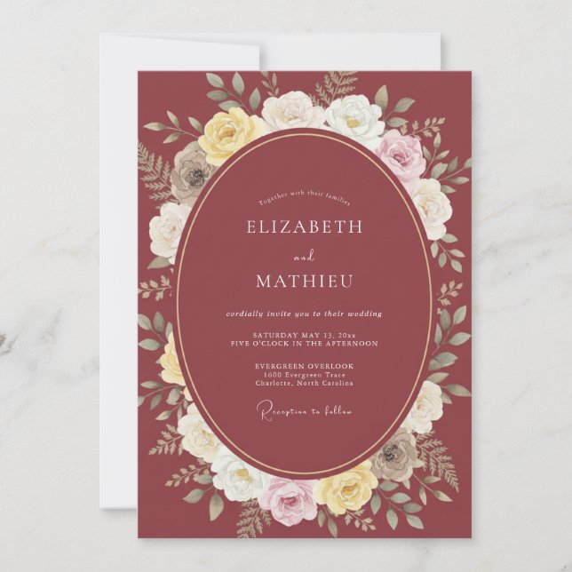 Brautstrauß Maroon Lavish Rose Einladung (Vorderseite)