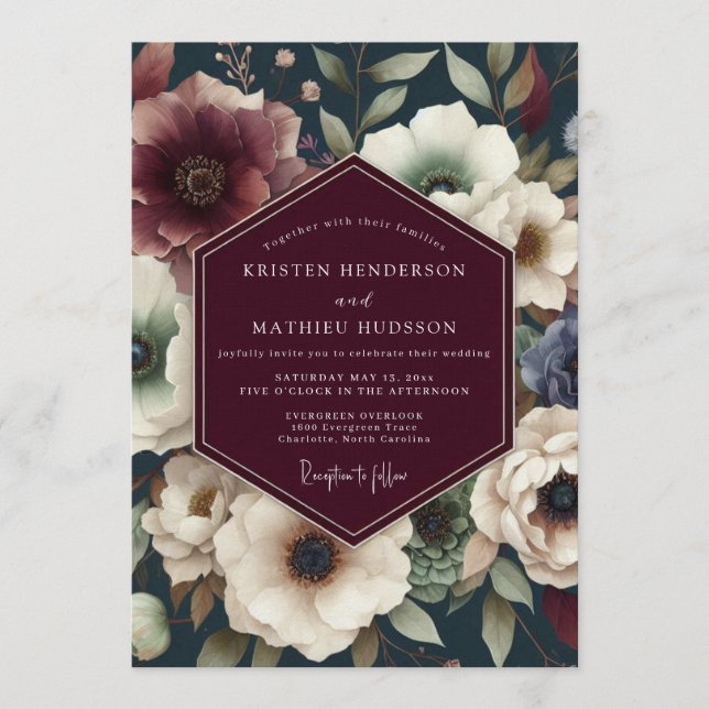 Brautstrauß Maroon Midnight Floral Einladung (Vorderseite)