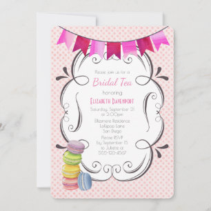 Brauttee mit Macarons und rosa Punkten Einladung