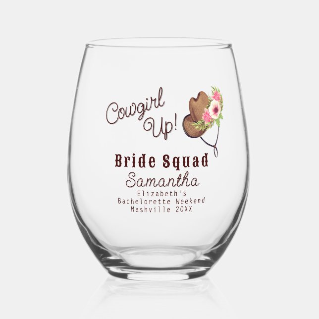 Brautviertel Rustikales Pink Cowgirl Up Bacheloret Weinglas Ohne Stiel (Vorderseite)