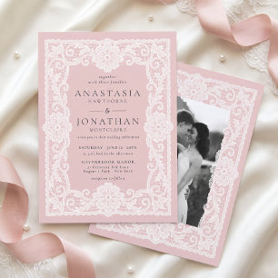 Brautwerbung Vintage-Spitze Rosa Foto-Hochzeit Einladung