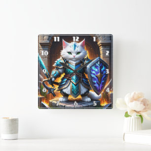 Brave Cat Warrior in Fantasy Armor by Castle Quadratische Wanduhr