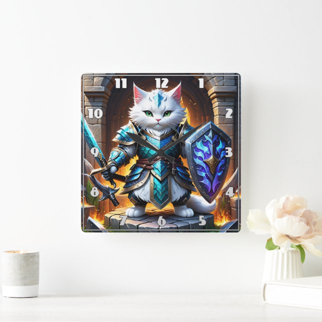 Brave Cat Warrior in Fantasy Armor by Castle Quadratische Wanduhr (Zuhause)