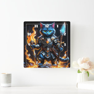 Brave Feline Knight in Fierasy Setting Quadratische Wanduhr