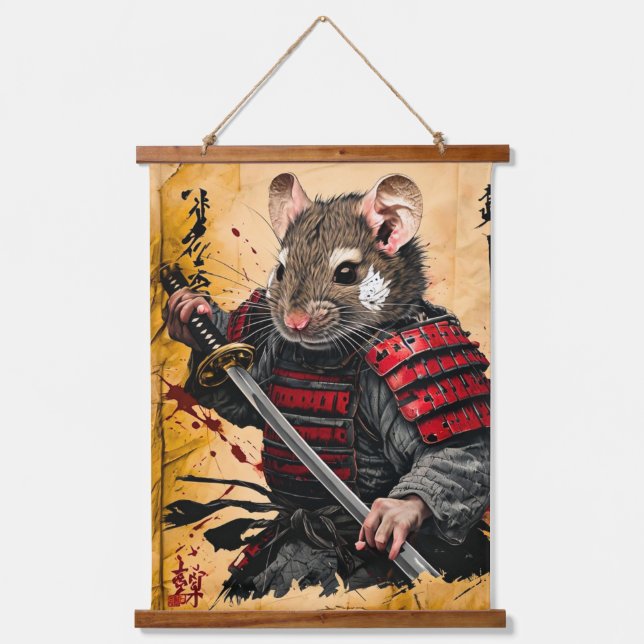 Brave Mouse Samurai Warrior - Japanischer Tintenst Wandteppich Mit Holzrahmen (Vorderseite)