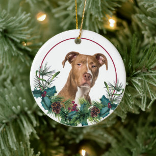 Brawn American Pit Bull Dog Evergreen Kreath Keramik Ornament