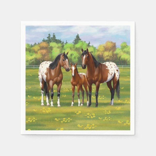Brawn Bay Appaloosa Pferde im Sommer Weide Serviette (Vorderseite)