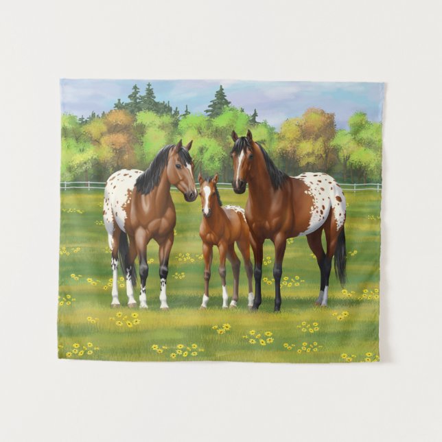 Brawn Bay Appaloosa Pferde im Sommer Weide Wandteppich (Vorderseite (Horizontal))