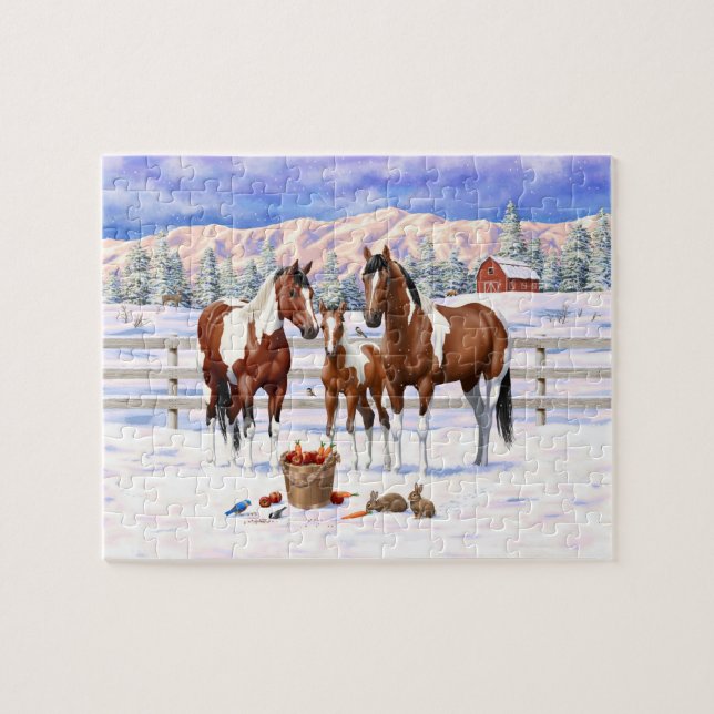 Brawn Bay Pinto Paint Quarter Pferde im Schnee Puzzle (Horizontal)